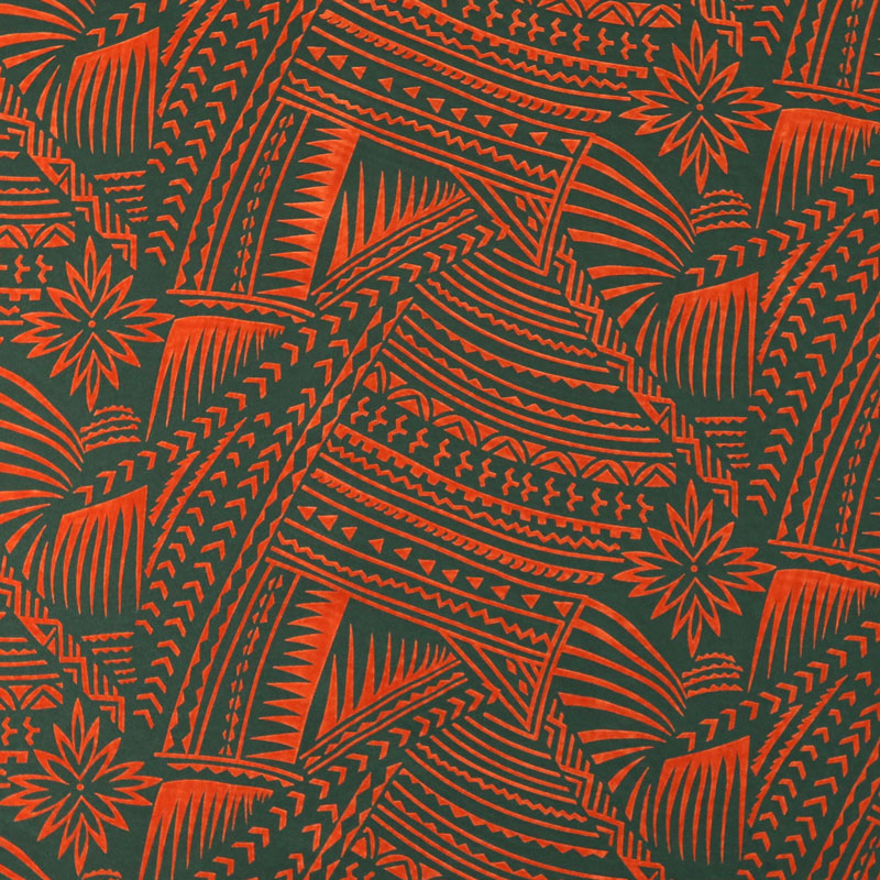 Traditional Polynesian Tattoo With Flower Polyester Flocking Fabric - Orange & Black, 60" Width, 36" Yard Cut (1 Yard)