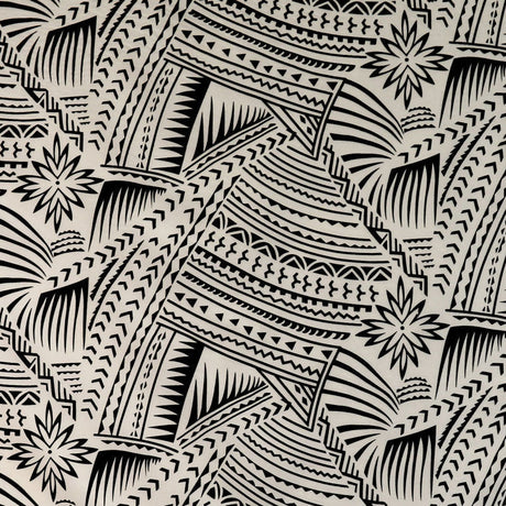Traditional Polynesian Tattoo With Flower Flocking Polyester Fabric - Tribal Tattoo Print, 60" Width (1 Yard)