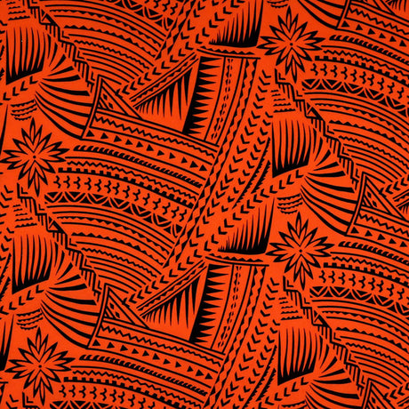 Traditional Polynesian Tattoo With Flower Flocking Polyester Fabric - Tribal Tattoo Print, 60" Width (1 Yard)
