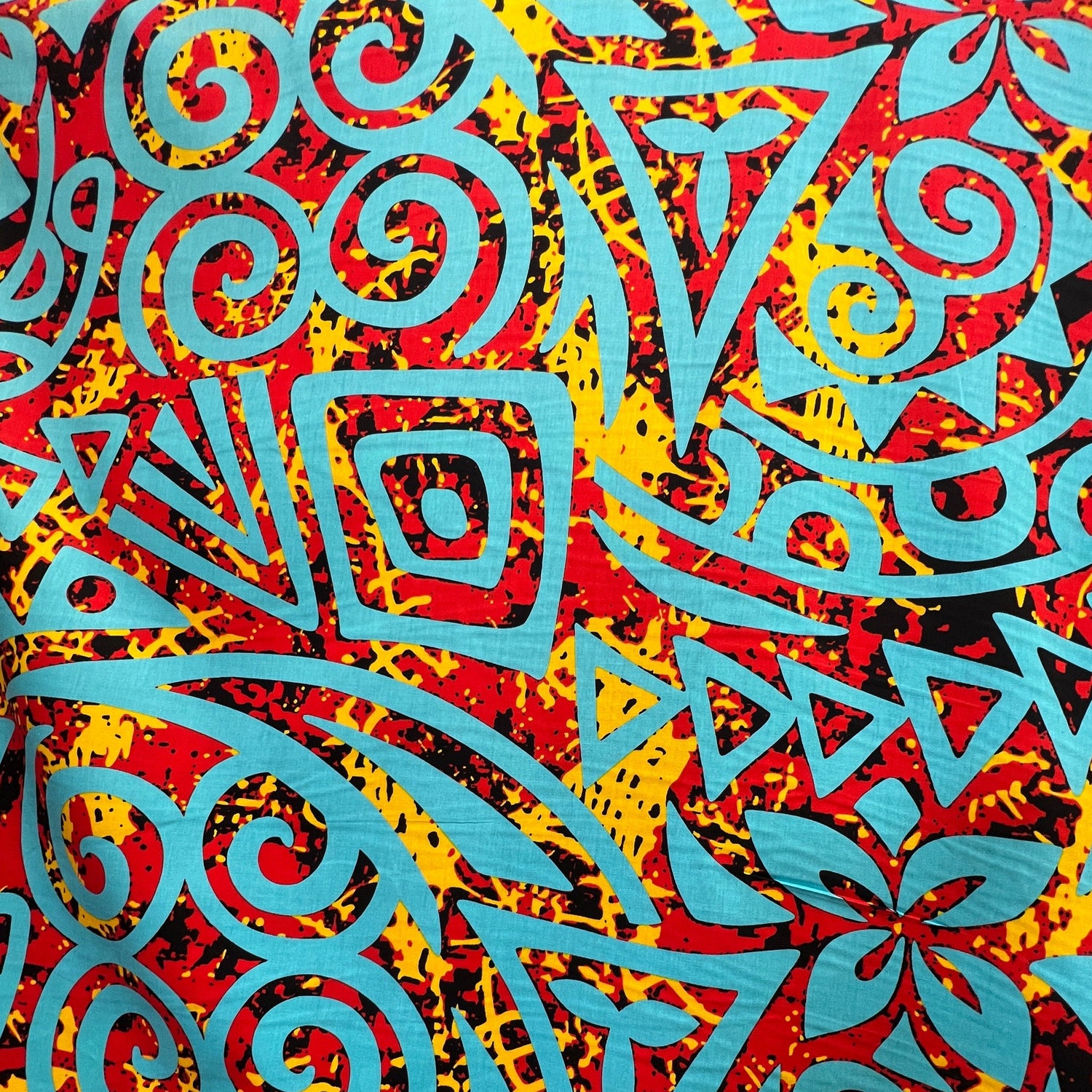 Traditional Polynesian Tribal Neon Tie-Dye Cotton Fabric - Light Blue/Red/Yellow, 45" Width (1 Yard)