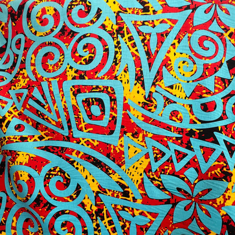 Traditional Polynesian Tribal Neon Tie-Dye Cotton Fabric - Light Blue/Red/Yellow, 45" Width (1 Yard)