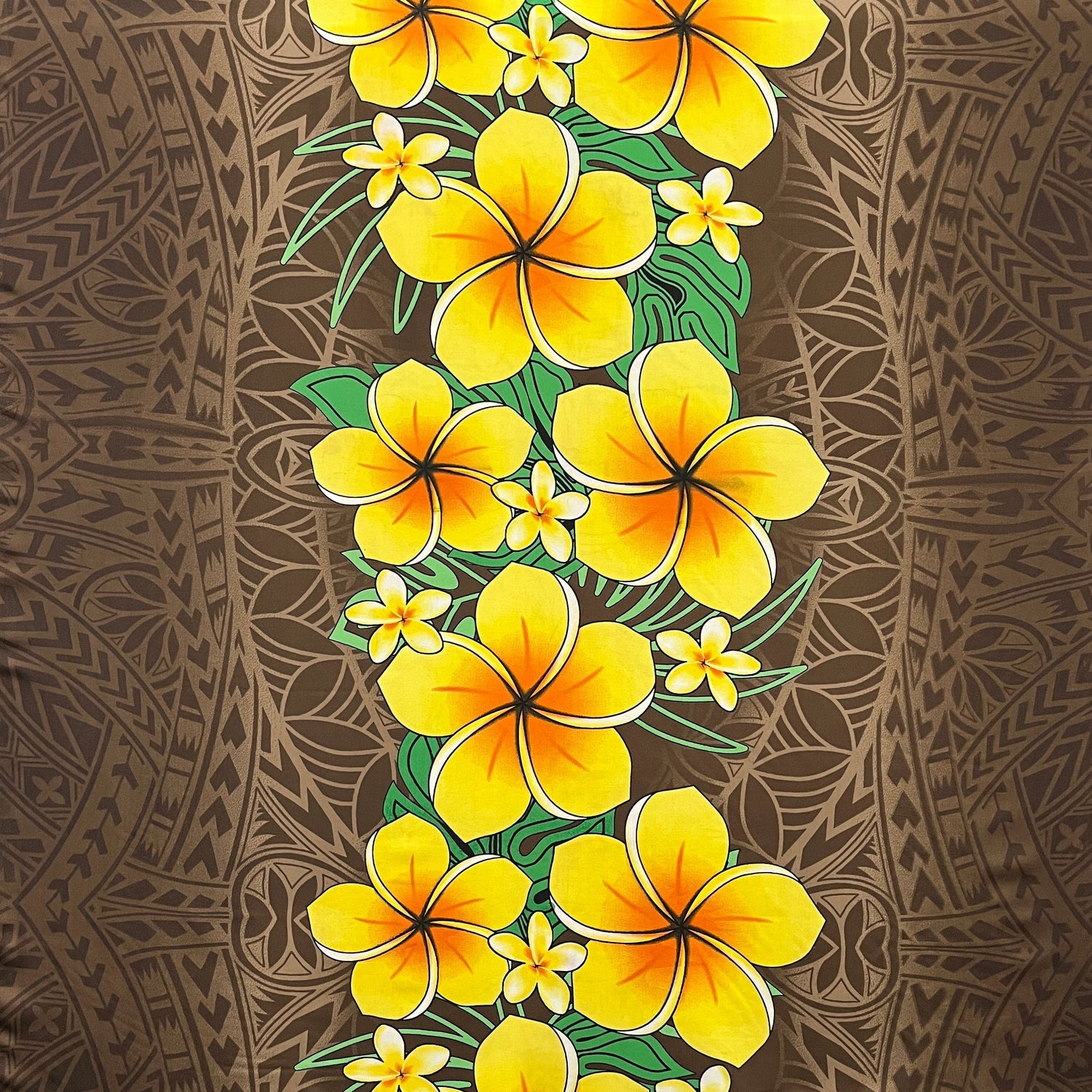 Traditional Tattoo Plumeria Monstera Leaves Design Peachskin Fabric - Red, Brown, Royal, 36" X 45" (1 Yard)