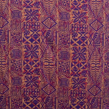Traditional Tongan Geometric Design Peachskin Fabric - Gray, Black, Green, Khaki, Blue, Purple, 45" Width (1 Yard)