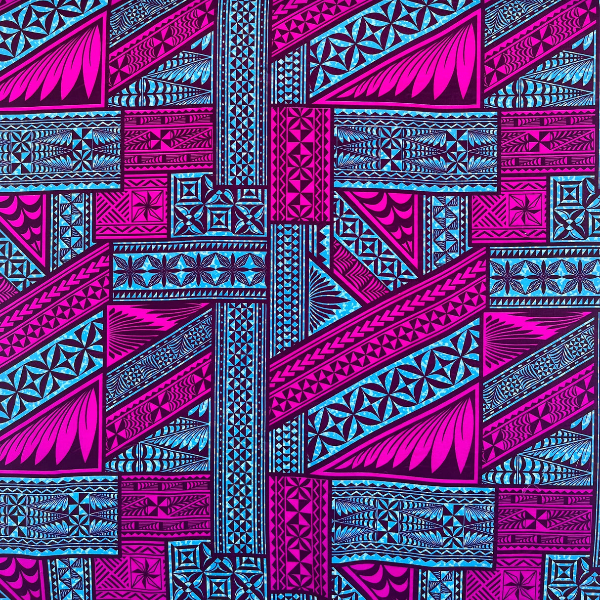 Traditional Tongan Geometric Design Peachskin Fabric - Rust/Turquoise, Red/Yellow, Turquoise/Green, Green/Yellow, Fuchsia/Blue, 36" X 45" (1 Yard)