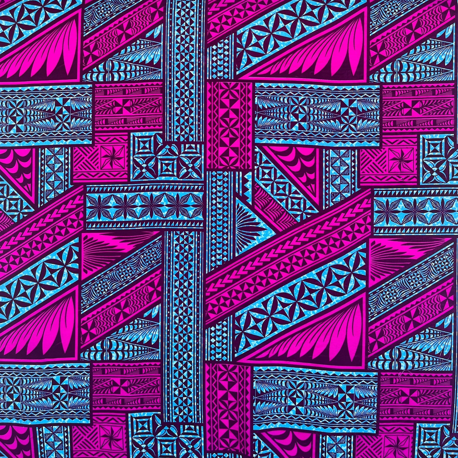 Traditional Tongan Geometric Design Peachskin Fabric - Rust/Turquoise, Red/Yellow, Turquoise/Green, Green/Yellow, Fuchsia/Blue, 36" X 45" (1 Yard)