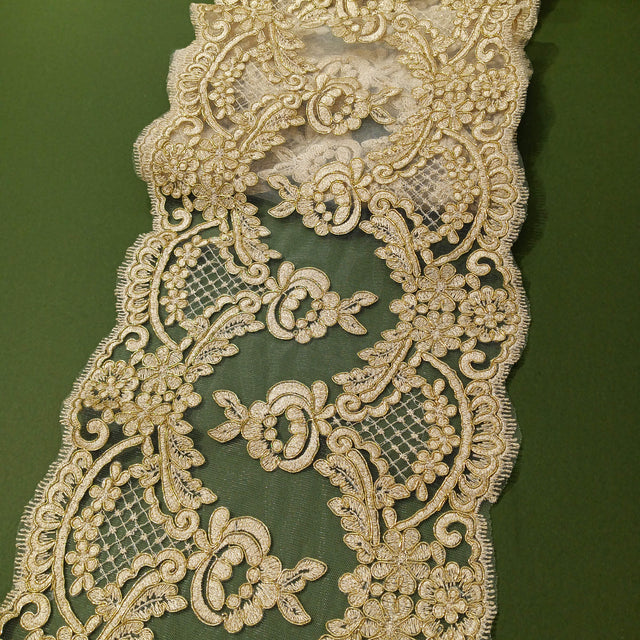 Corded Double Sided Lace Trimming Polyester Fabric - Embroidered Net Mesh, Gold, Silver, Ivory, White, 10" Width (1 Yard)