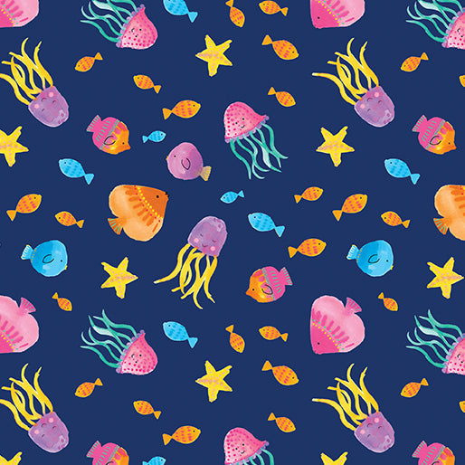 Cotton Tropical Fish Navy Fabric 44/45"
