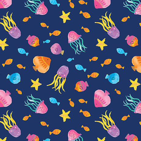 Cotton Tropical Fish Navy Fabric 44/45"