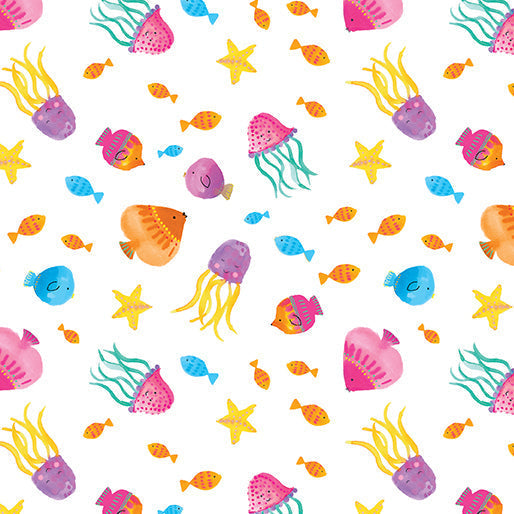 Cotton Tropical Fish Fabric White 44/45"
