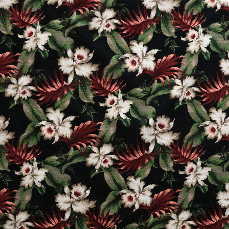 Tropical Garden Cotton Light Barkcloth Fabric - Cream Hibiscus, Green Banana Leaves, Red Palm Leaves, 36" X 45" (1 Yard)