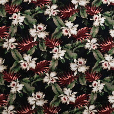 Tropical Garden Cotton Light Barkcloth Fabric - Cream Hibiscus, Green Banana Leaves, Red Palm Leaves, 36" X 45" (1 Yard)