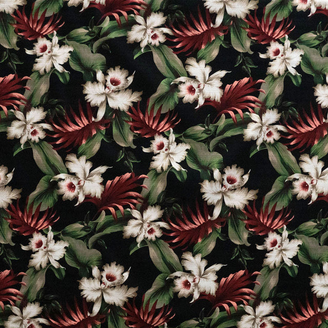 Tropical Garden Cotton Light Barkcloth Fabric - Hibiscus, Banana Leaves, Palm Leaves, Ivory, 36" X 45" (1 Yard)
