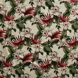 Tropical Garden Cotton Light Barkcloth Fabric - Cream Hibiscus, Green Banana Leaves, Red Palm Leaves, 36" X 45" (1 Yard)