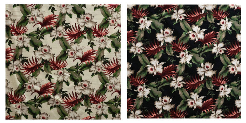 Tropical Garden Cotton Light Barkcloth Fabric - Cream Hibiscus, Green Banana Leaves, Red Palm Leaves, 36" X 45" (1 Yard)