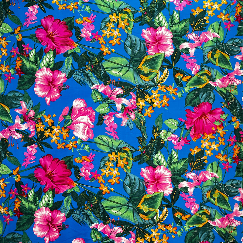 Tropical Parrot Garden Peachskin Fabric - 100 Percent Polyester Fabric, Tropical Parrot Print, 45" Width (1 Yard)