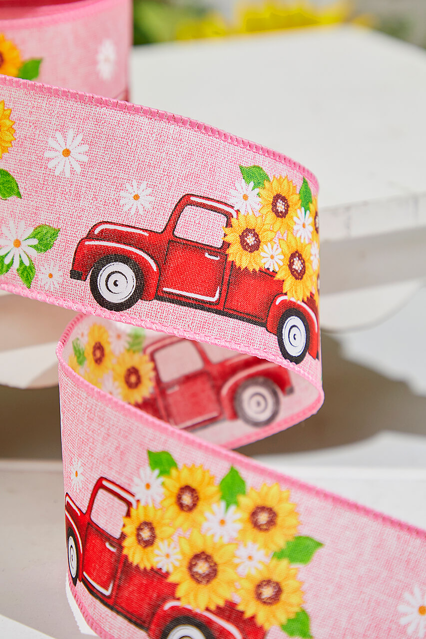 2.5" x 10 Yards Truck with Flowers Pink Ribbon