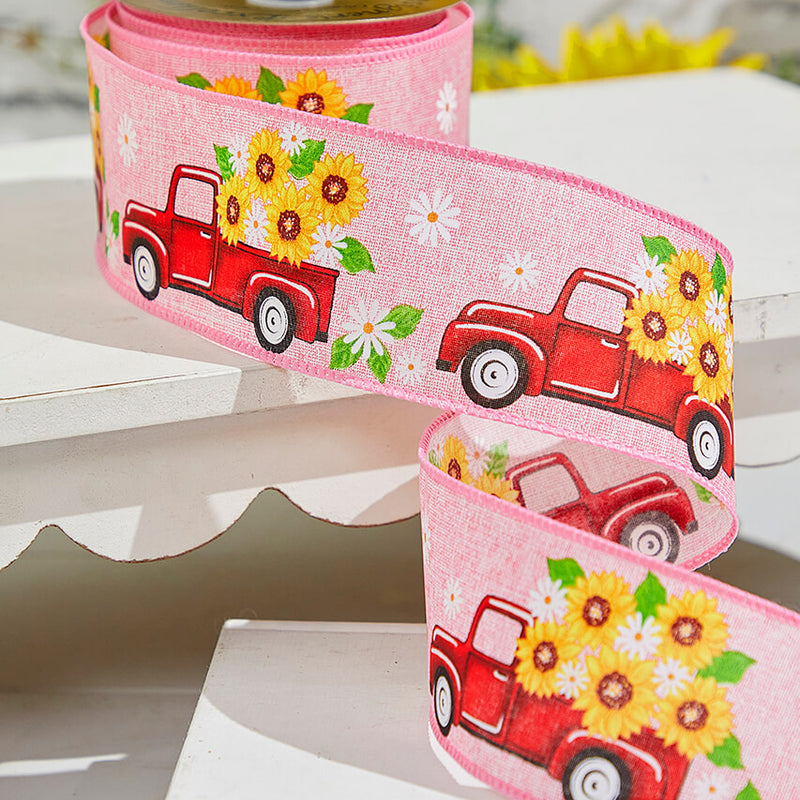 2.5"x 10 Yards Truck with Flowers Pink Ribbon Spring Floral Wired Craft Ribbon