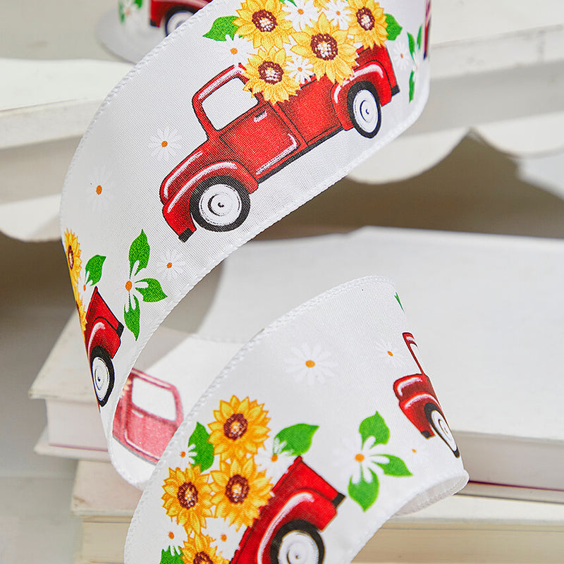 2.5"x 10 Yards Truck with Flowers White Ribbon Rustic Spring Wired Craft Ribbon