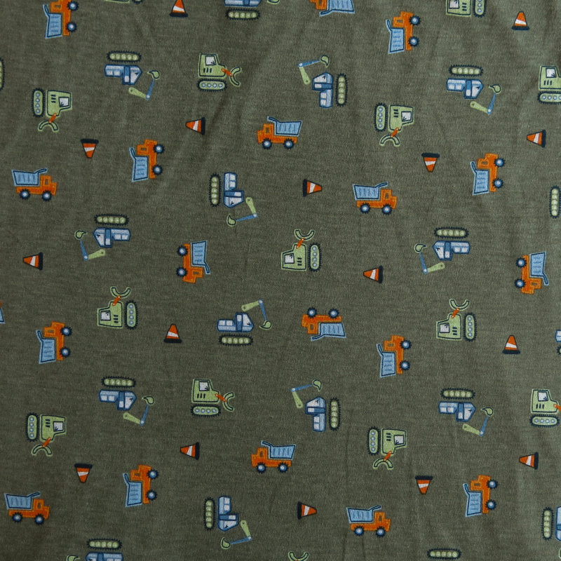 Poly Cotton Jersey Knit Trucks on Green