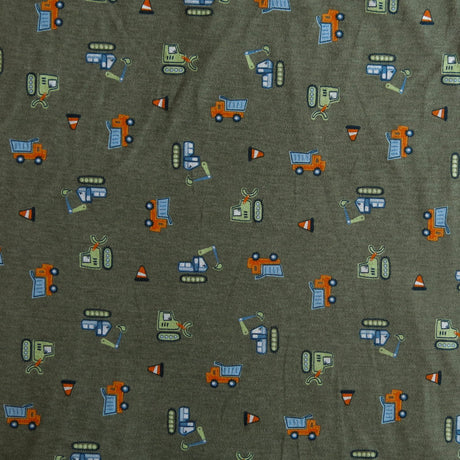 Poly Cotton Jersey Knit Trucks on Green