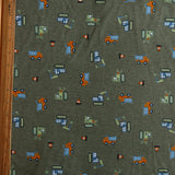 Poly Cotton Jersey Knit Trucks on Green