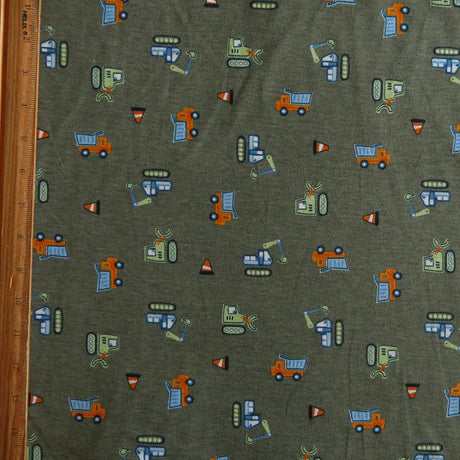 Poly Cotton Jersey Knit Trucks on Green