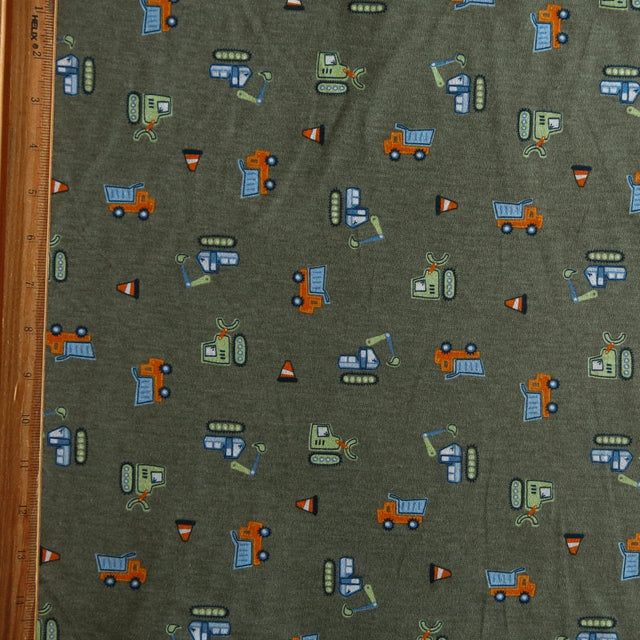 Poly Cotton Jersey Knit Trucks on Green