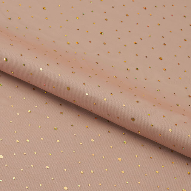Tula Power Mesh Polyester Spandex Fabric - Nude/Gold Metallic Dots, 54" Width (1 Yard)