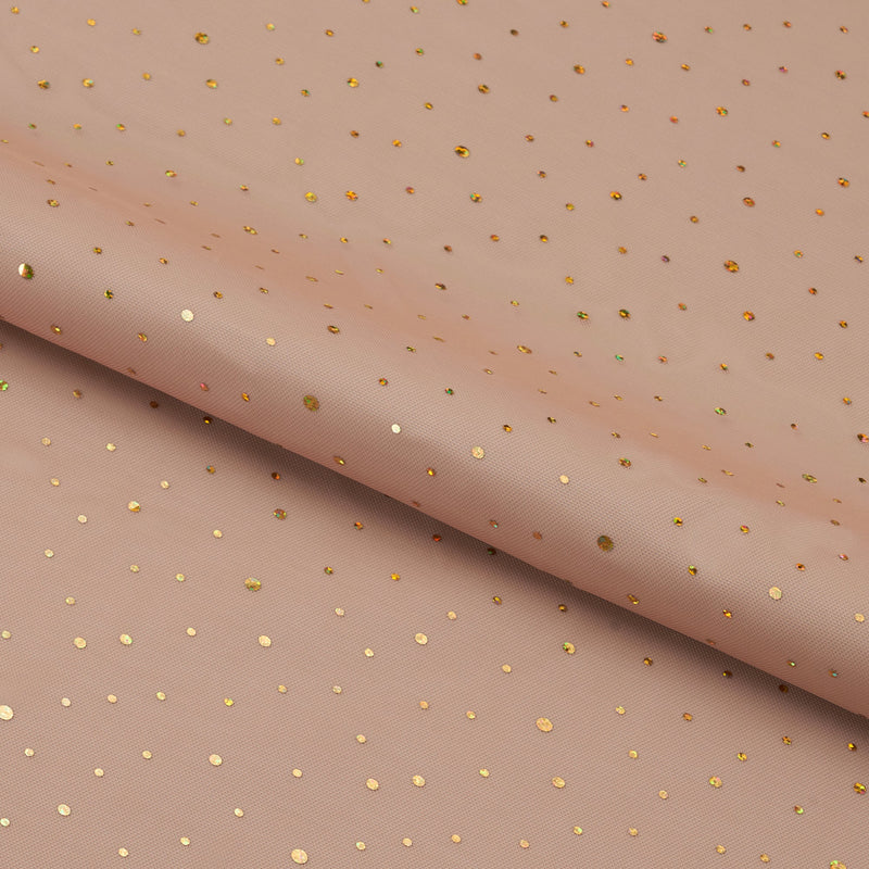Tula Power Mesh Polyester Spandex Fabric - Nude/Gold Metallic Dots, 54" Width (1 Yard)