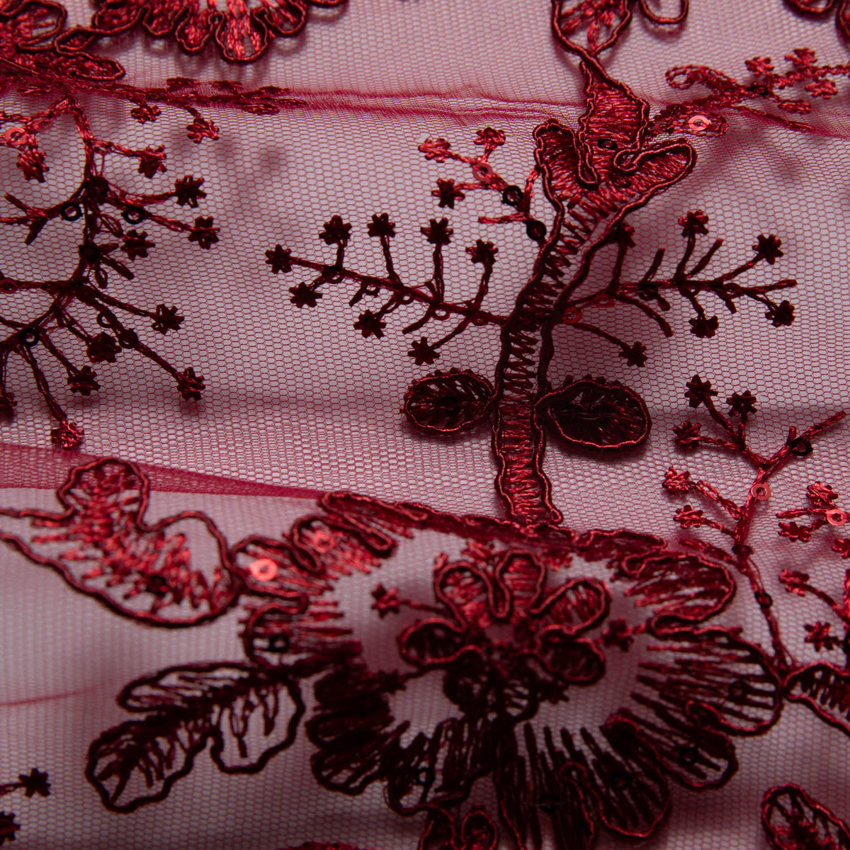 1 Yard Tulle Lace Embroidered Fabric with Cord, Sequins, and Floral Design, 52" Wide