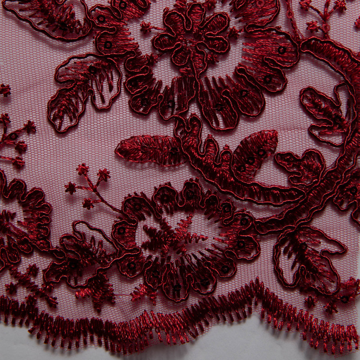 1 Yard Tulle Lace Embroidered Fabric with Cord, Sequins, and Floral Design, 52" Wide