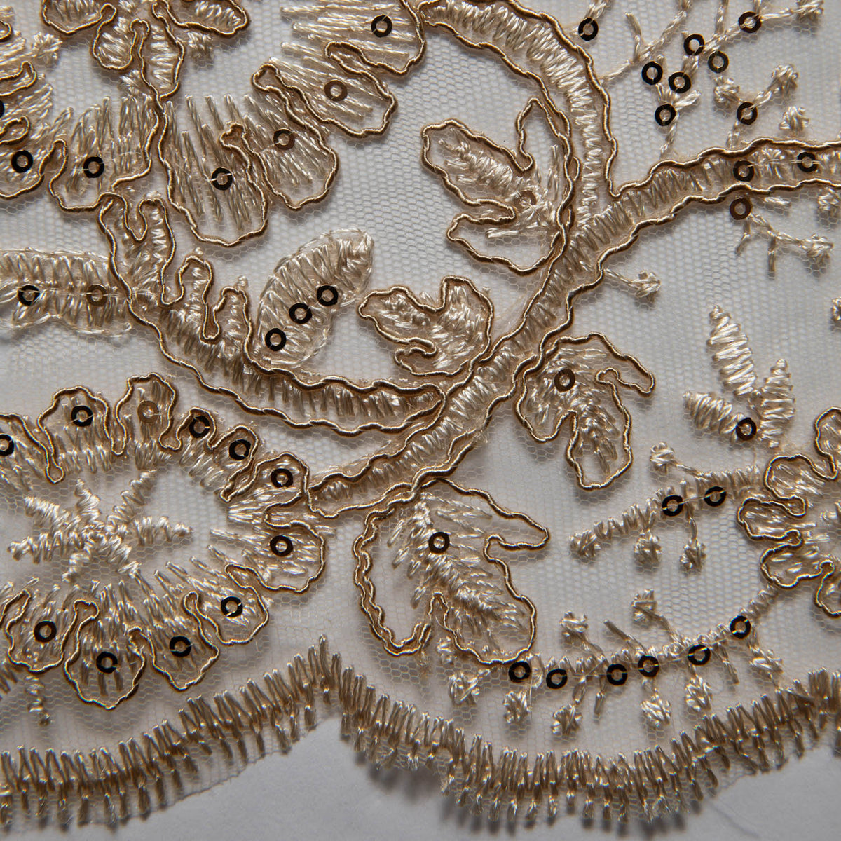 1 Yard Tulle Lace Embroidered Fabric with Cord, Sequins, and Floral Design, 52" Wide