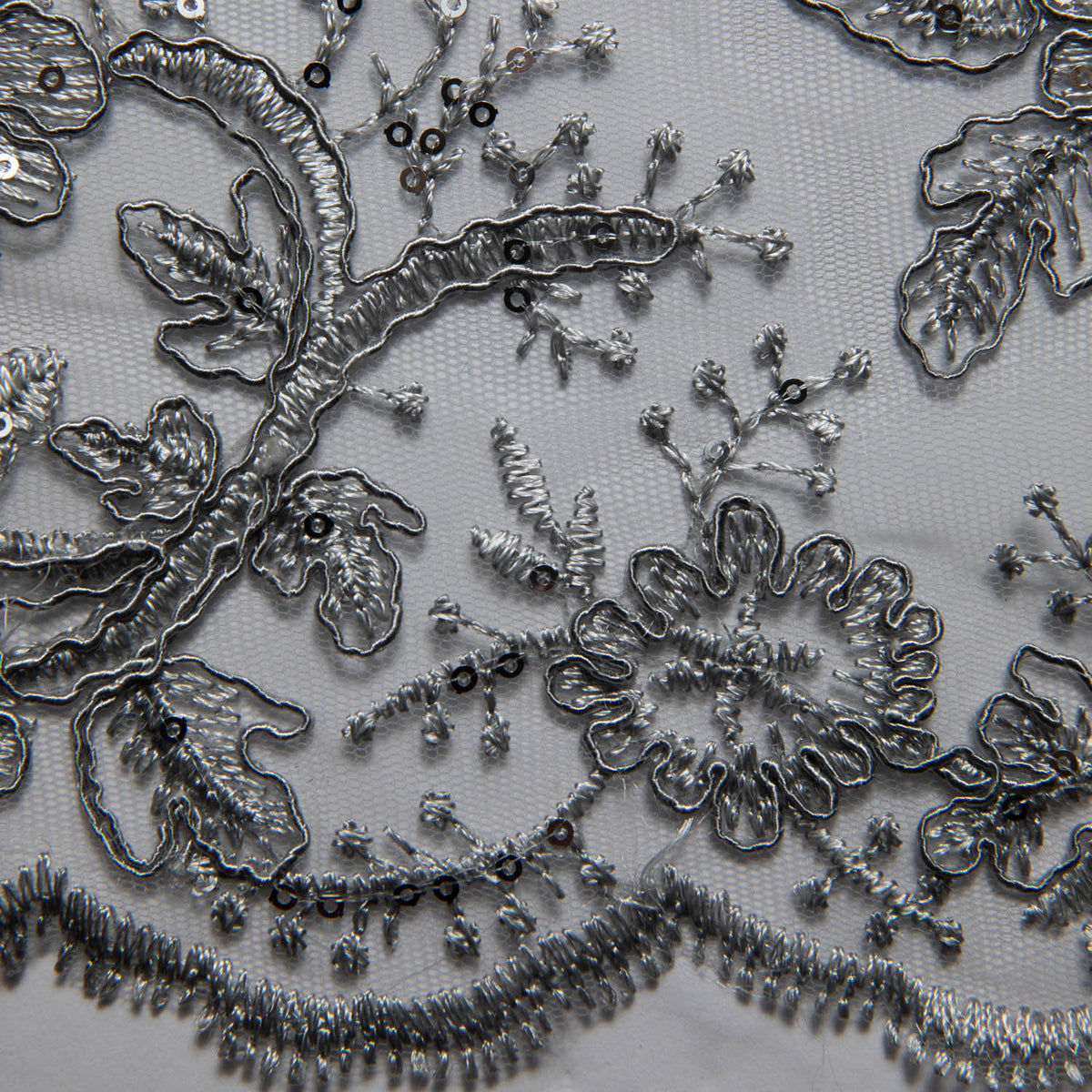 1 Yard Tulle Lace Embroidered Fabric with Cord, Sequins, and Floral Design, 52" Wide