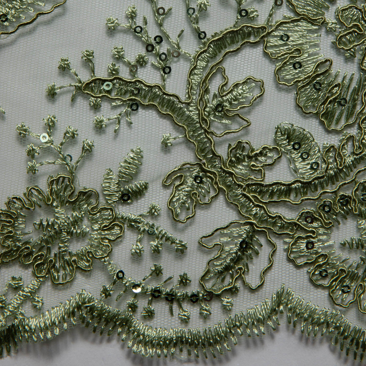 1 Yard Tulle Lace Embroidered Fabric with Cord, Sequins, and Floral Design, 52" Wide