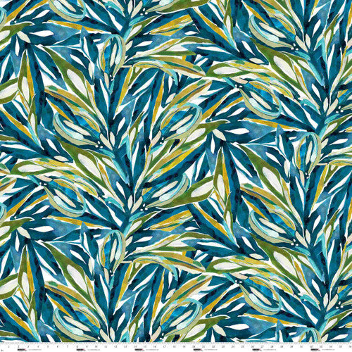 Cotton Print Turquoise Leaf Allover Fabric 44/45"