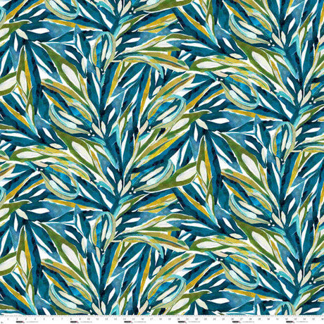 Cotton Print Turquoise Leaf Allover Fabric 44/45"