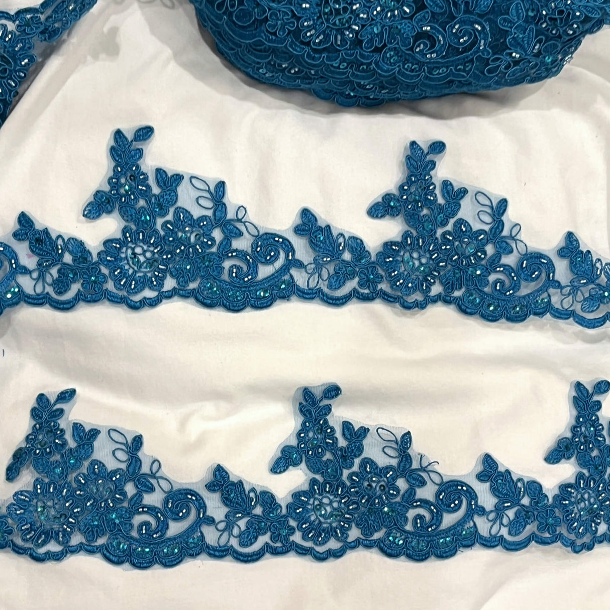 Beaded Corded Lace Trim on Polyester Net Mesh