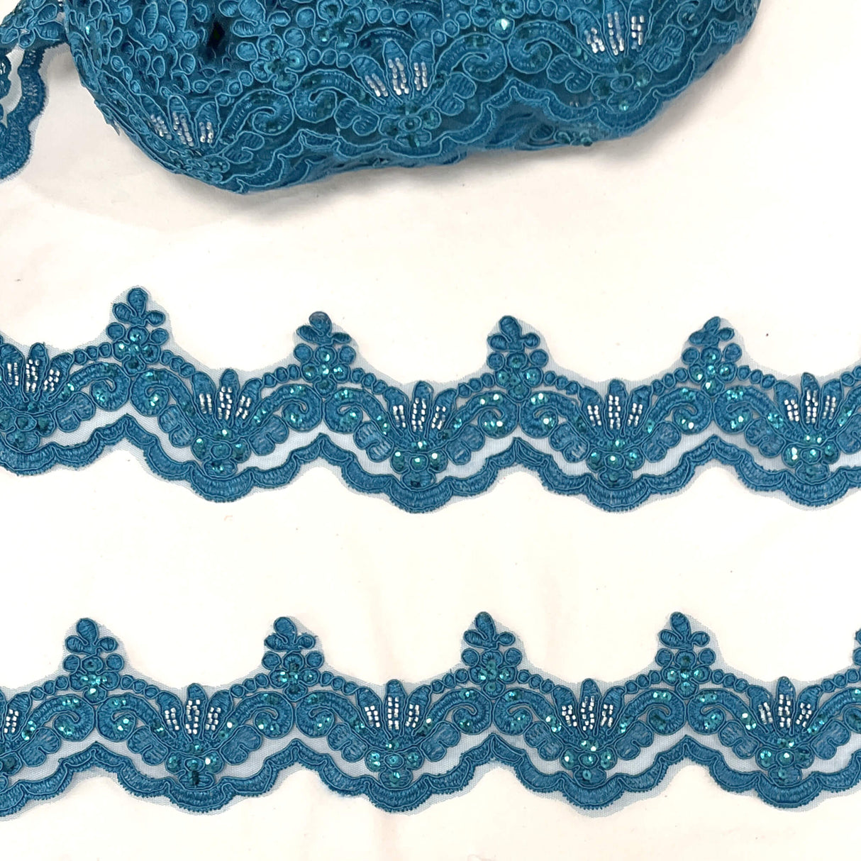 Beaded Corded Lace Trim on Net Mesh
