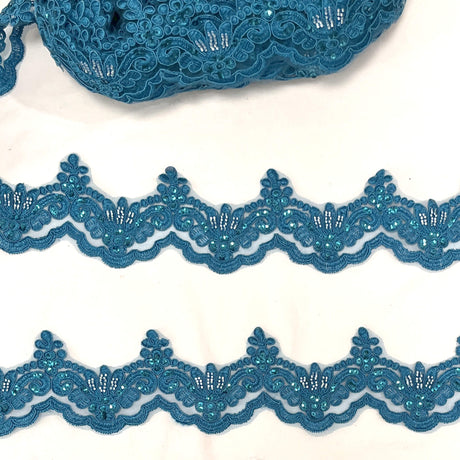 Beaded Corded Lace Trim on Polyester Net Mesh 3" Wide