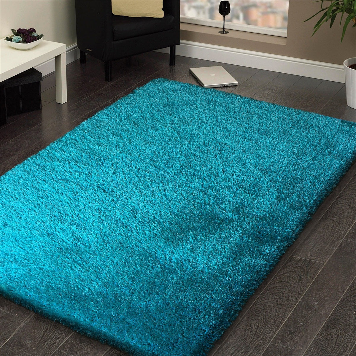 Turquoise Solid Shag Area Rug/Carpet Polyester Fabric - Turquoise, Thick And Thin Yarns Design, 2" High Pile (1 Unit)