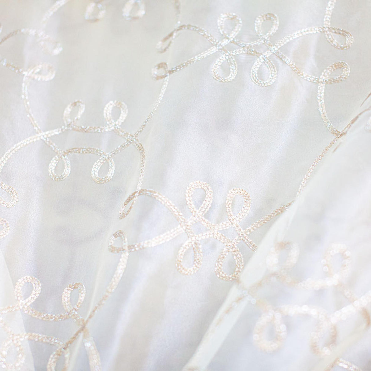 Uptown Metallic Embroidered Sheer Polyester Fabric - White, Champagne, Brass, 110" Width (1 Yard)