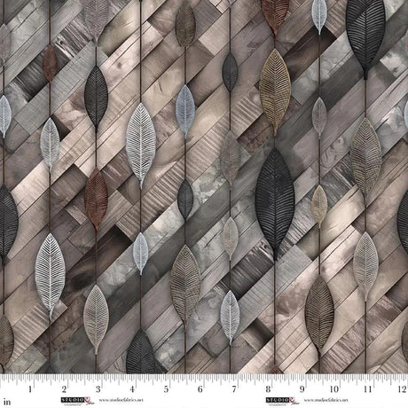 Cotton Leaves Out of the Woodwork Fabric, Umber Iron, 44/45"