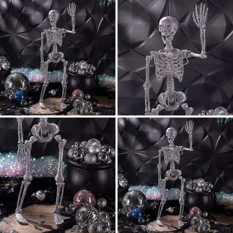 Hanging Silver Skeleton Halloween Decoration Encrusted with Multicolor Jewelry 35 1/2 Inch