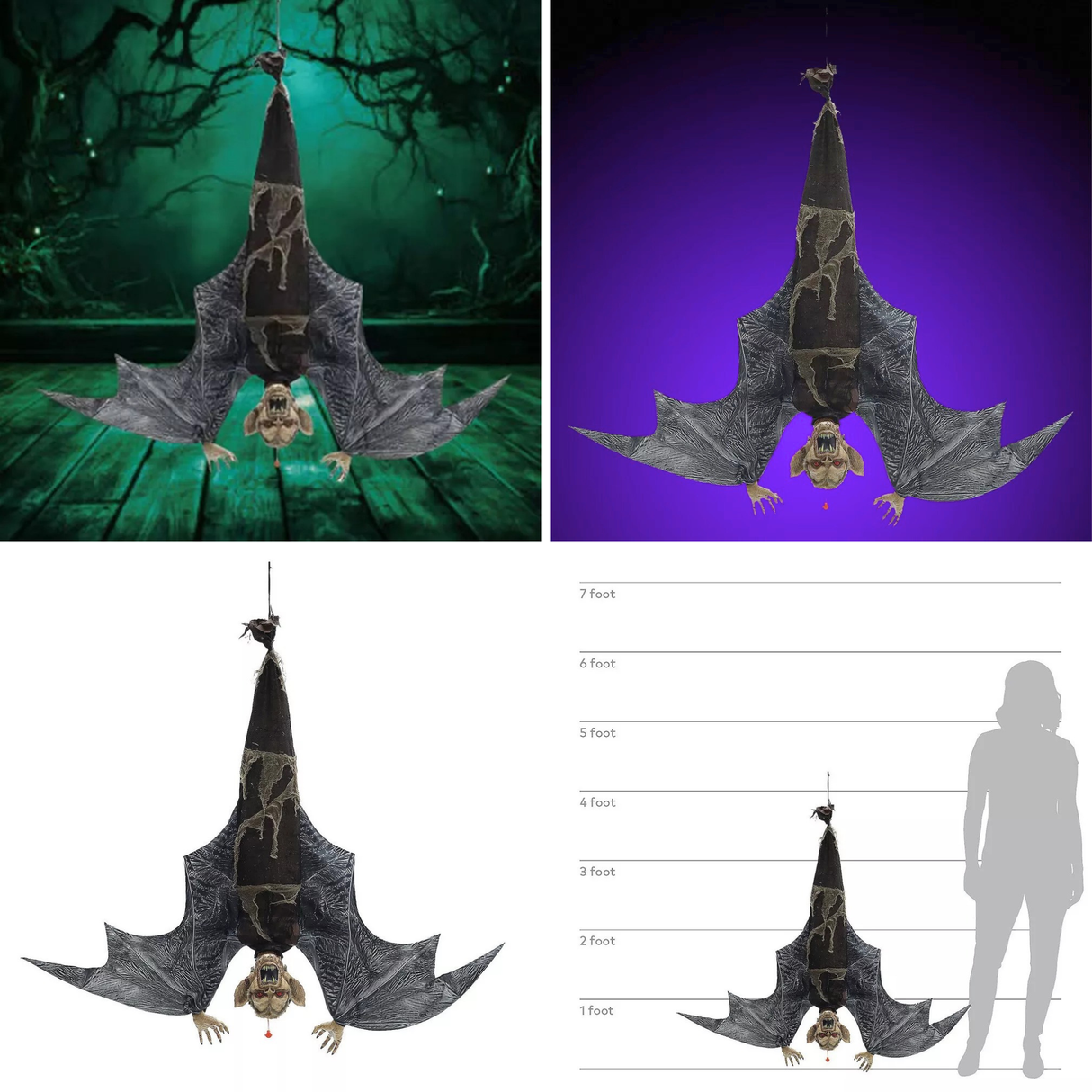 46" Menacing Hanging Bat Prop LED Eyes, Screeching Sounds, Moving Wings, Battery Operated Halloween Decor