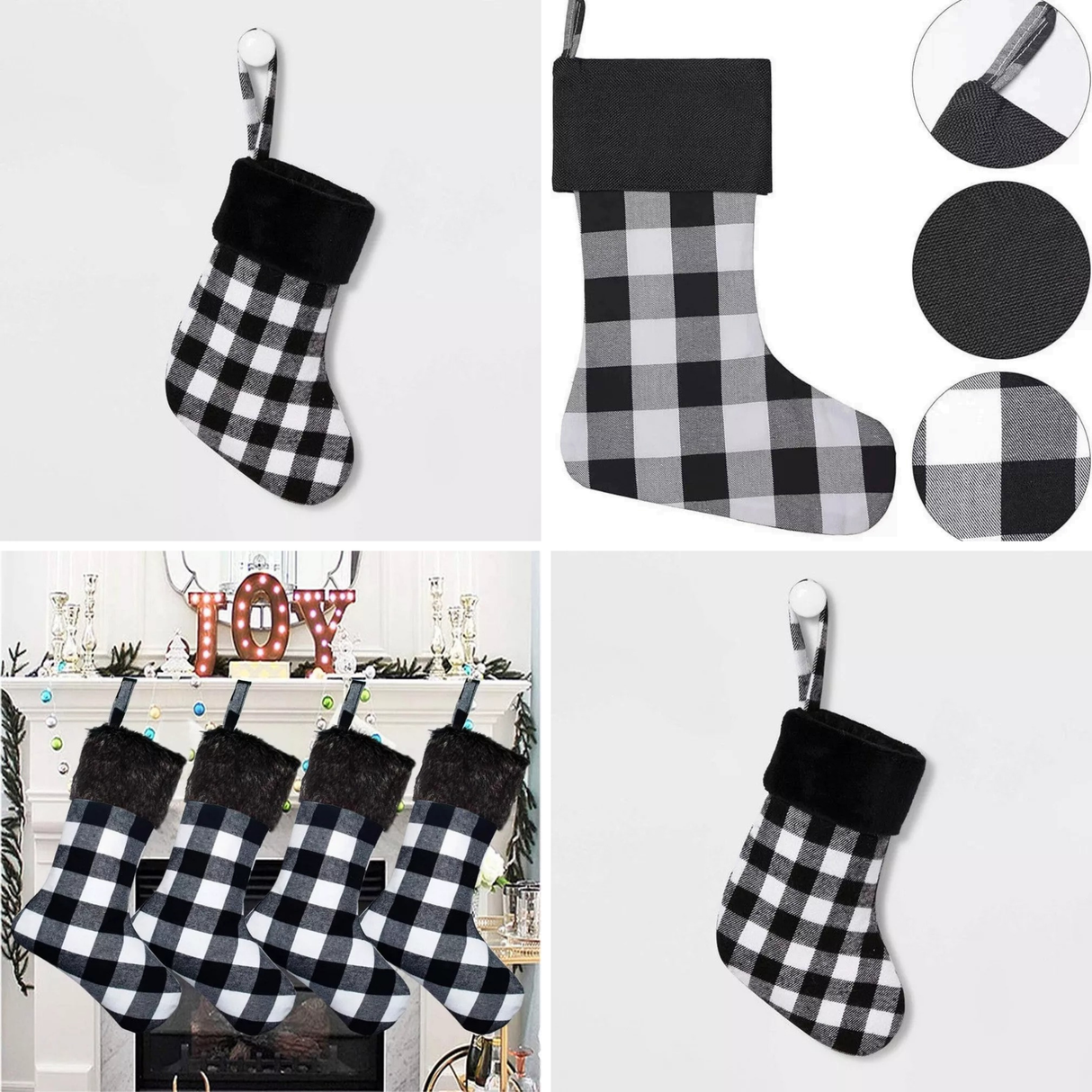 17 Inch Black And White Checkered Christmas Stocking Plush Fur Top Holiday Decoration