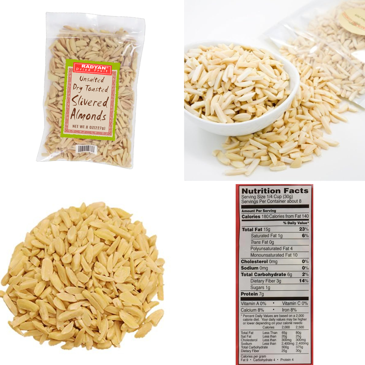 Radyan Unsalted Dry Toasted Slivered Almonds – 8 oz