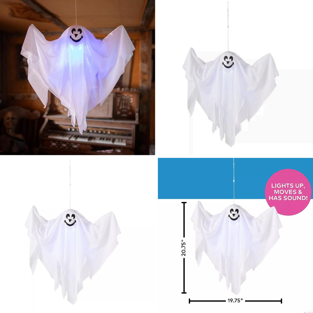 Hanging Light-Up Smiling Ghost Halloween Decoration 19 3/4" x 20 3/4"