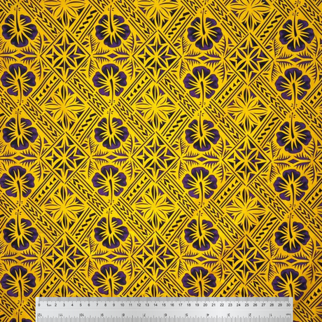Traditional Tapa Hibiscus Cotton Fabric - Black And Green, 36" X 45" (1 Yard)
