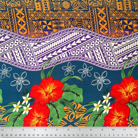 Peachskin Polyester Fabric Tapa Tribal Tattoo Hibiscus Plumeria