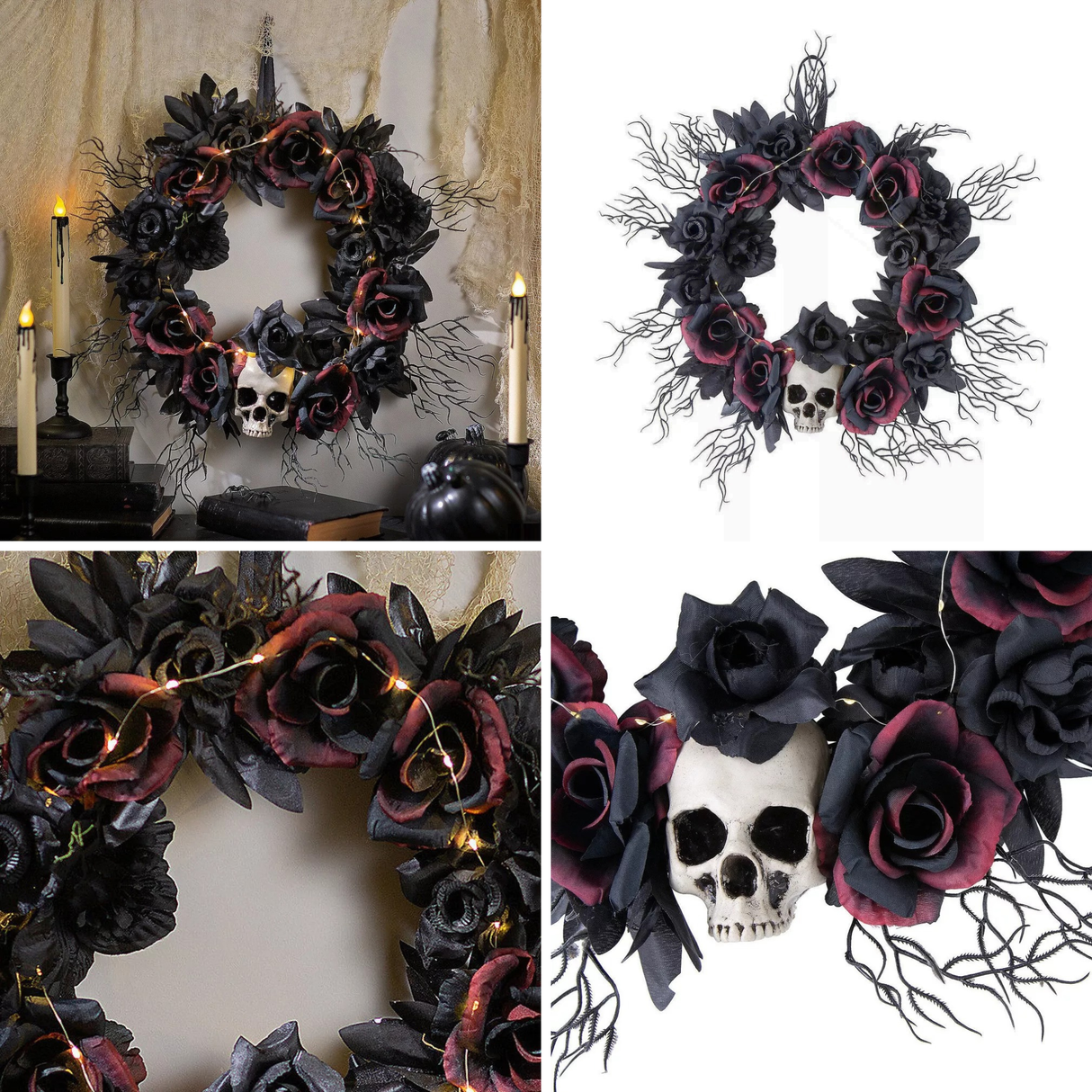 Light Up Dead Roses & Skull Halloween Wreath Decoration 23 1/2"
